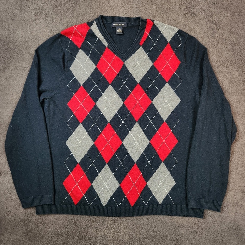 Banana Republic‎ Sweater Mens XL Navy Cashmere Argyle Knit Pullover Classic Fit